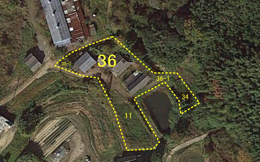 実際の区画図。母屋の建つ宅地のまわりに、番号のちがう筆がいくつも張り付いています。この一つひとつに地目があります
