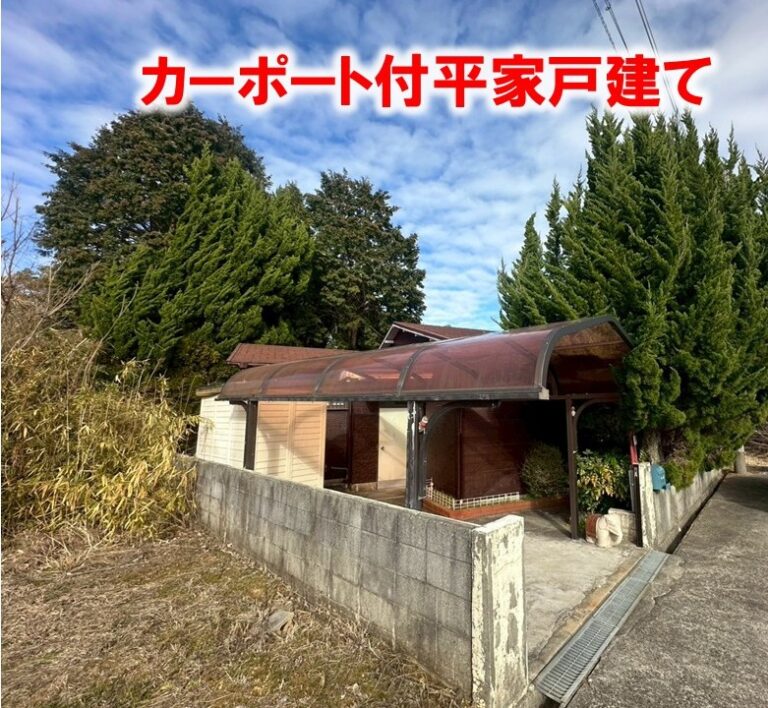 カーポート付きの平屋の母屋。まわりは緑に囲まれています
