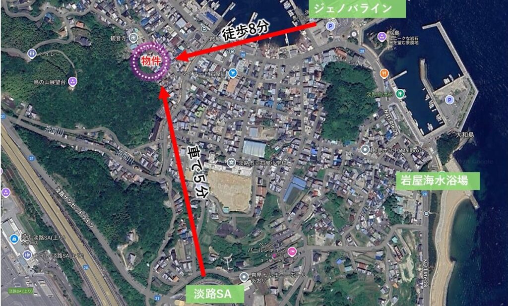 航空写真。ジェノバラインと岩屋海水浴場の位置関係