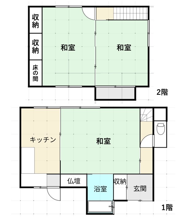 間取り図。1階に仏壇、その横に浴室。あとから付けた跡がそのまま残っています