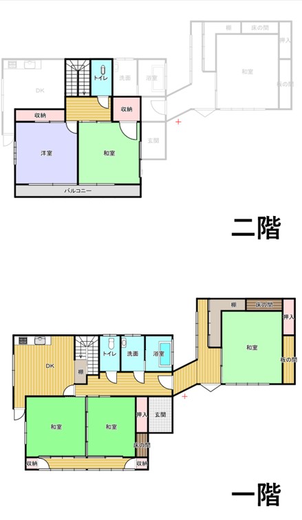間取り図。母屋と、渡り廊下の先の平屋
