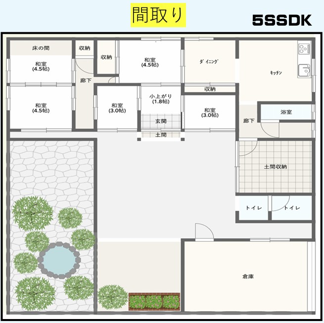 間取り図。庭と建物の関係が分かります