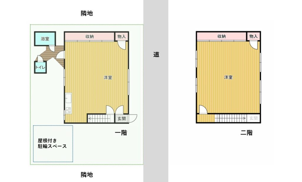 間取り図。1階・2階とも1部屋ずつ、屋根付きの駐輪スペース付き