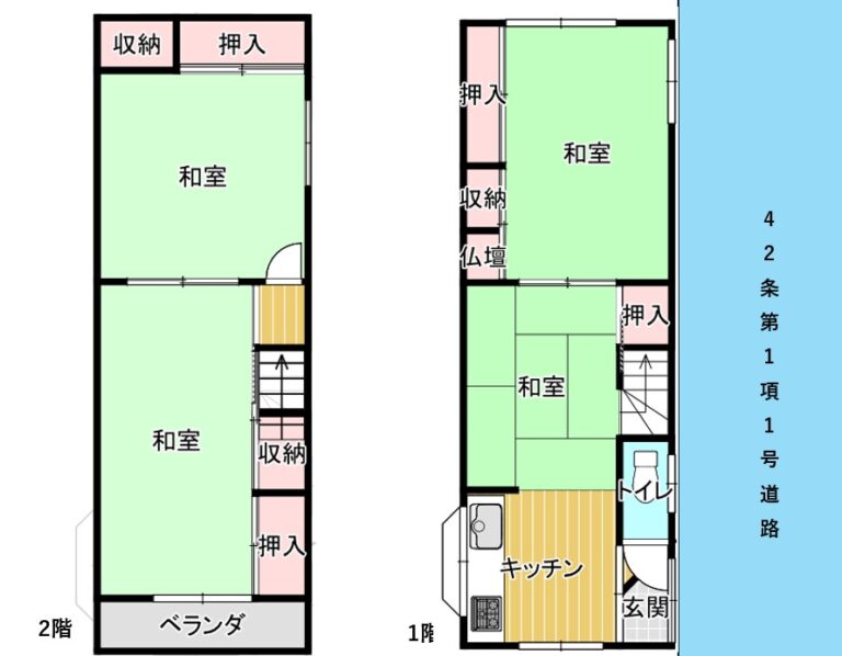 間取り図。4部屋+台所。前面は42条1項1号道路でした