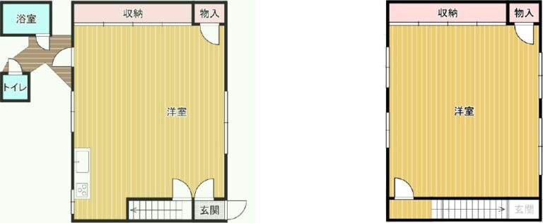 間取り図。1階と2階に1部屋ずつ、屋根付きの駐輪スペース付き