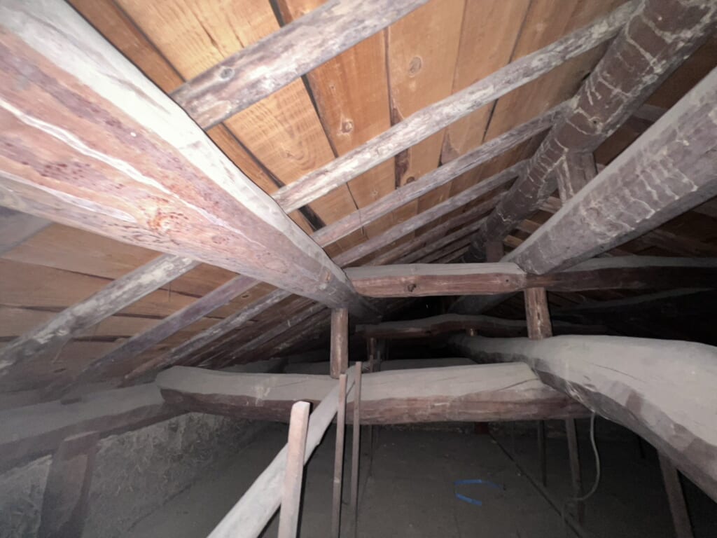 梁と小屋組み。太さが写真で伝わるでしょうか