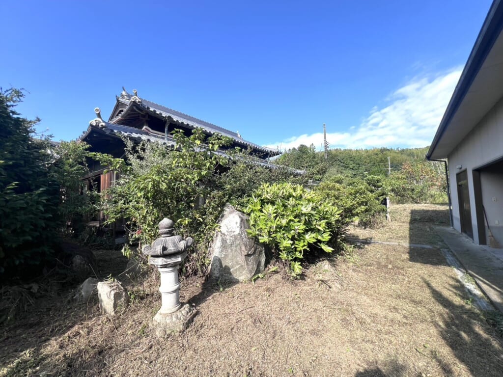 庭の石灯籠と松。母屋の横から