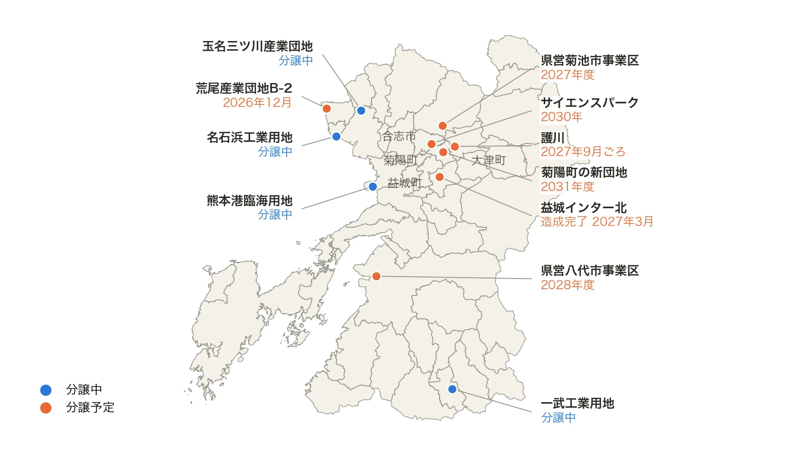 熊本県の工業団地・工業用地の分譲中と分譲予定。点はおおよその位置です