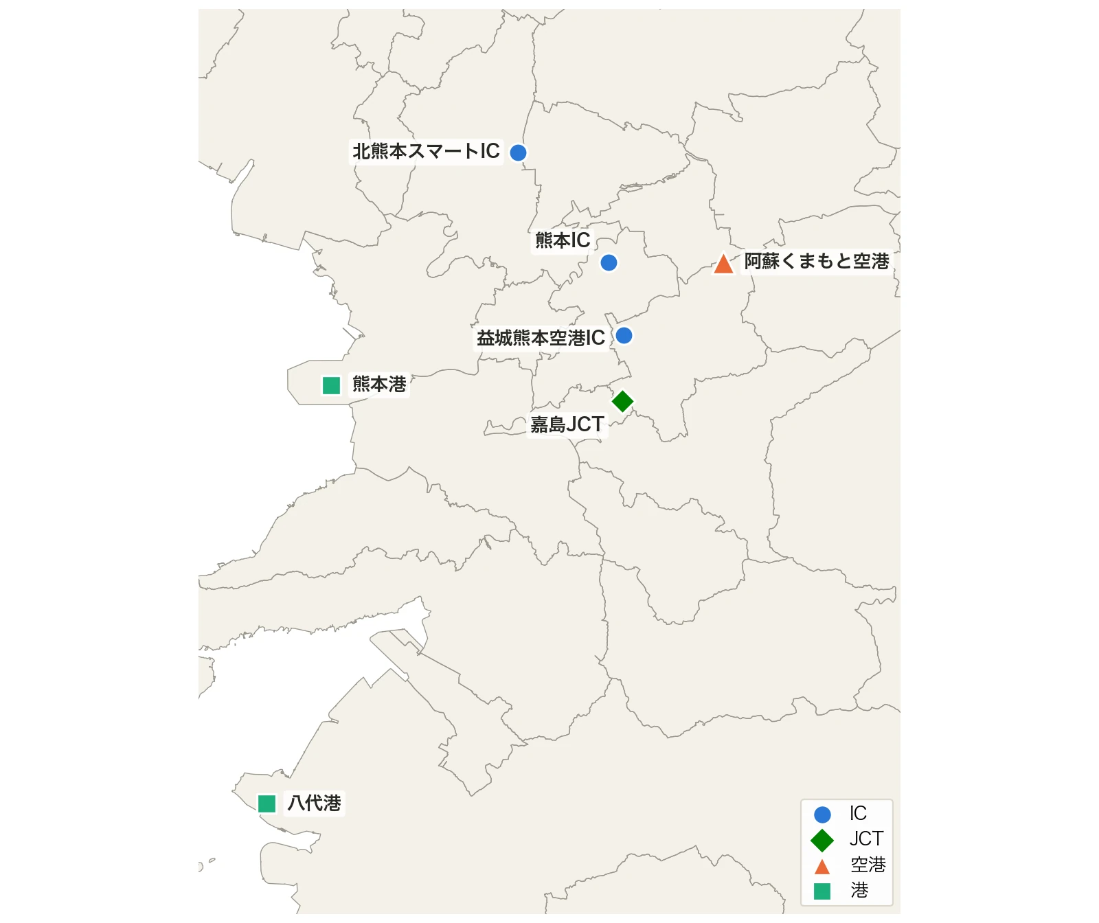 熊本の主なIC・空港・港の位置