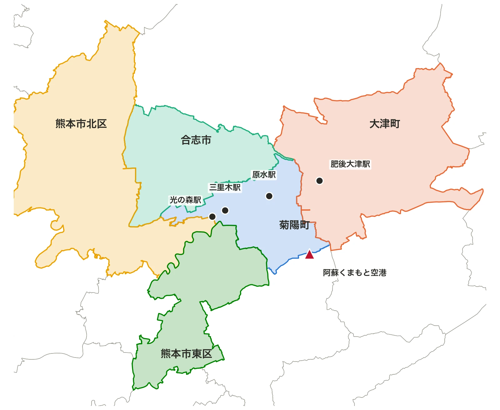 5つの地域と、主な駅・空港の位置