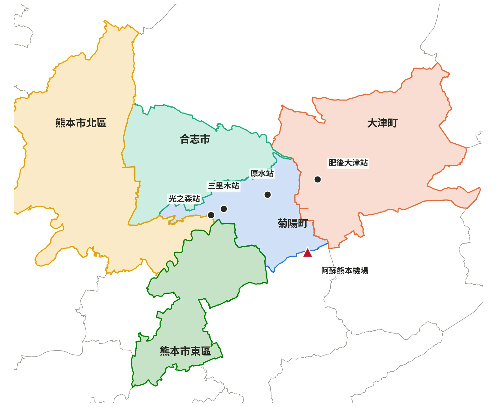 5個地區與主要車站・機場的位置
